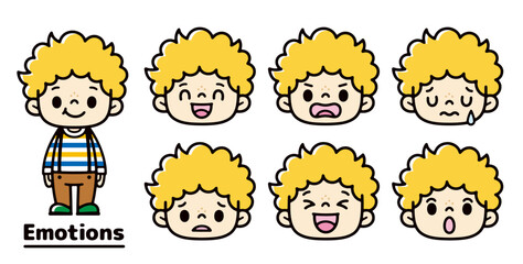 Set of illustrations of white boys with various expressions