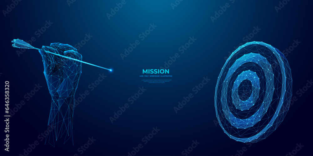 Poster digital close-up human hand holding a bow arrow and it is aiming at a target. abstract business goal