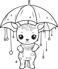Colouring page for kids toddler and toddlers, minimal cute lady little deer with umbrella illustration one thick single outline drawing artwork