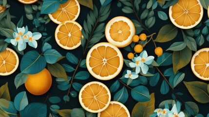 Citrus summer fruits in hand drawn style design with oranges and flowers, background illustration.