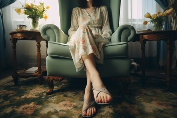 Obraz premium Woman feet on carpet drink coffee. Generate Ai