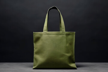Mockup shopper green khaki color tote bag handbag on isolated black background. Copy space shopping...