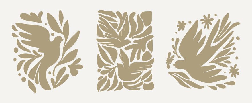 Abstract groovy posters dove of peace in multicolored colors. Modern trendy Minimal style. Hand drawn design for wallpaper, wall decor, print, postcard, cover, template, banner.