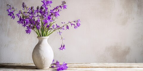 Purple flowers in vase on wooden table. Celebrating nature beauty. Vintage floral arrangement