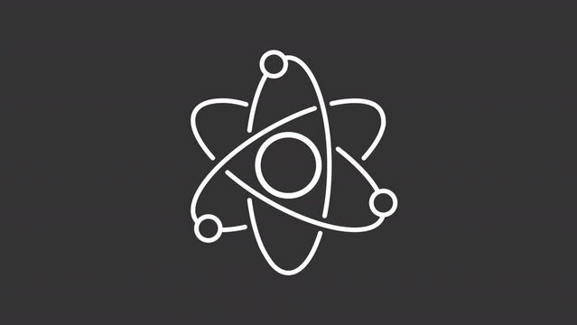 Atom white animated icon. Rotating electrons and pulsating nucleus line animation. Nuclear physics. Atomic structure. Isolated illustration on dark background. Transition alpha video. Motion graphic