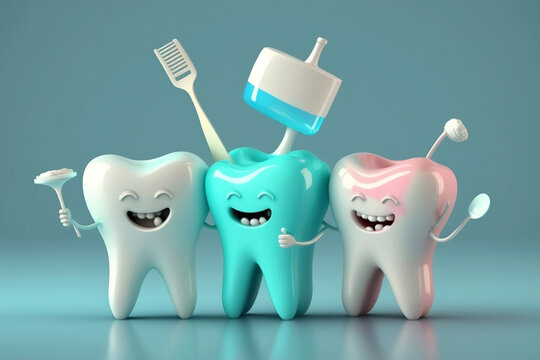 an image of a 3D realistic happy white tooth character holding a toothbrush and a tube of toothpaste.