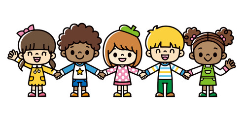 Children from various countries holding hands with smiles