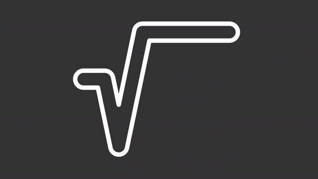 Square root white animated icon. Maths equation line animation. Mathematics formula. Problem solving. Algebra class. Isolated illustration on dark background. Transition alpha video. Motion graphic