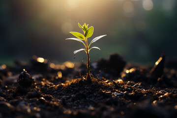 Small green seedling growing from soil on blurred nature background, Ecology concept
