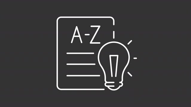 Language arts white line animation. Lightbulb and worksheet with pulsating letters animated icon. Middle school. Isolated illustration on dark background. Transition alpha video. Motion graphic