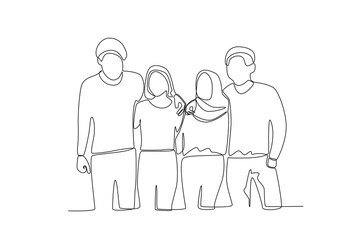 Single continuous line drawing of four friends embracing each other
