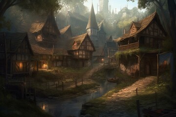 Fototapeta premium Illustration depicting a medieval village in a fantasy setting. Generative AI