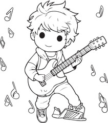 Colouring page for kids toddler and toddlers, minimal cute guitarist illustration one thick single outline drawing artwork