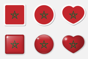 Flag of Morocco icons collection. Flat stickers and 3d realistic glass vector elements on white background with shadow underneath.