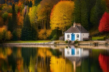 Fototapeta na wymiar a tranquil scene where a charming cottage stands alongside a gently meandering river, its shores adorned with vibrant, autumn-hued trees