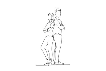 Single continuous line drawing of two friends leaning on each other
