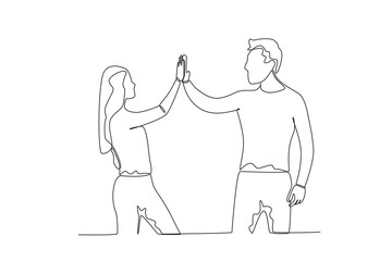 Single continuous line drawing of two friends high-fiving
