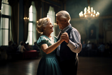 Elderly couple dancing a slow dance and enjoying each other at family reunion. Their children and grandchildren are in blurry background - obrazy, fototapety, plakaty