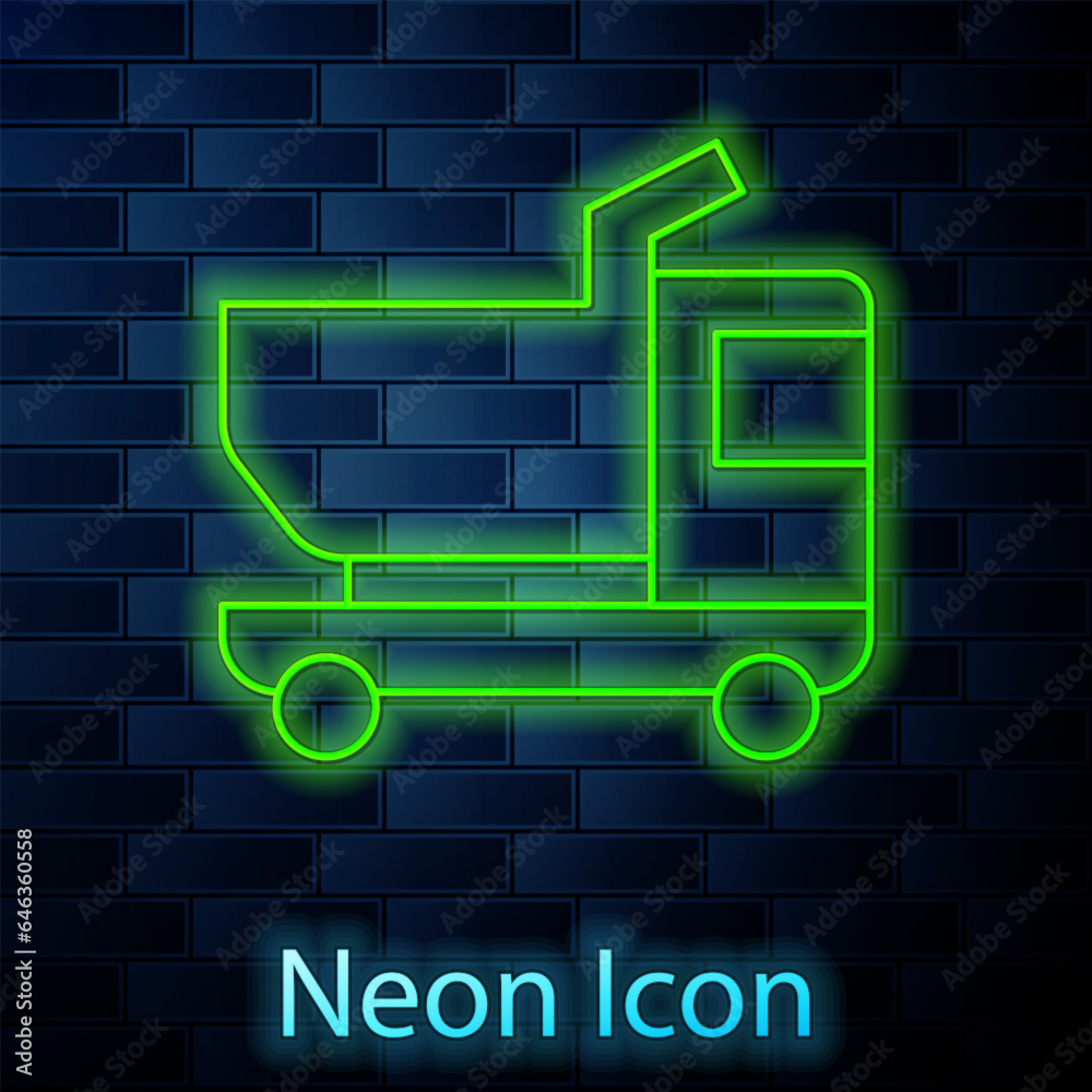 Poster Glowing neon line Toy truck icon isolated on brick wall background. Vector