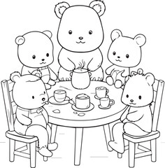 Colouring page for kids toddler and toddlers, minimal cute bear family illustration one thick single outline drawing artwork