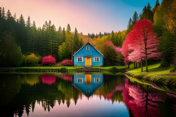 Fototapeta na wymiar a serene tableau of a cottage by the water's edge, flanked by a lush forest in full bloom, its trees awash with the vibrant colors of spring