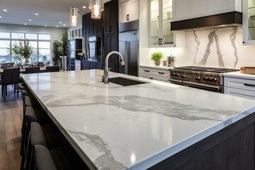 Enhance kitchen aesthetics with quartz countertops and slabs. Generative AI - obrazy, fototapety, plakaty