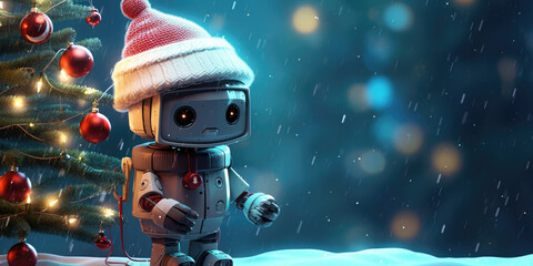 robot santa claus in the snow with a christmas tree