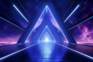 A futuristic tunnel with a triangular shape and an asphalt road, leading to an underground space in purple and blue hues. Generative AI