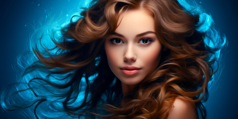 Fototapeta premium Beautiful young woman with blowing wavy long brunette hair on blue background. Hair Style, hair care