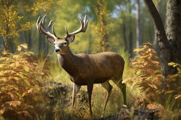 A lifelike 3D depiction of a magnificent deer in a forest meadow. Generative AI