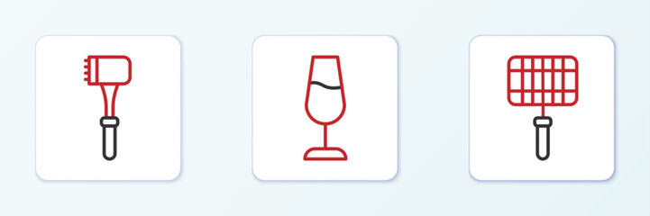 Set line Barbecue steel grid, Kitchen hammer and Wine glass icon. Vector