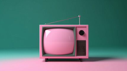 The TV is an old model, with antenna, standing on legs, on a green-pink background.