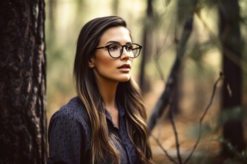 shot of a beautiful young woman wearing glasses and standing in the forest