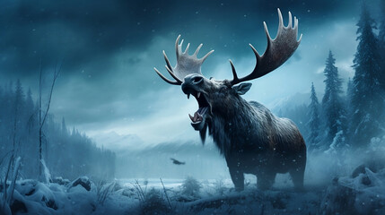 Blue Hour Angry Moose Roaring in the Winter, Generative AI - obrazy, fototapety, plakaty