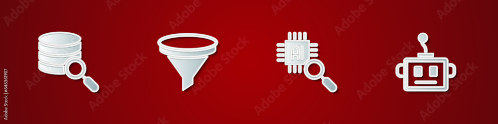 Poster set server, funnel or filter, processor cpu and artificial intelligence robot icon. vector