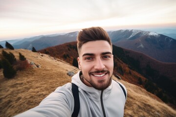 Naklejka premium shot of a young male athlete taking selfies while out on the mountain