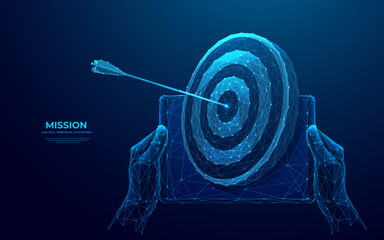 Abstract blue target with bow arrow in bullseye on tablet screen. Businessman holding a tablet with hologram of arche target. Close-up digital hands with mobile device. Low poly vector. SEO or mission