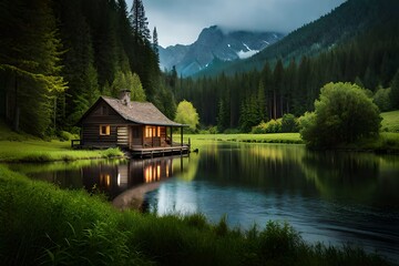 Fototapeta na wymiar a rustic cabin perched near a peaceful riverbank, surrounded by a symphony of trees swathed in rich, earthy tones, capturing the essence of nature's harmony