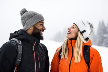 cropped shot of two young athletes chatting while on a ski slope