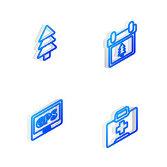 Set Isometric line Calendar with tree, Tree, Gps device map and First aid kit icon. Vector