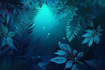 Fototapeta na wymiar Blue tropical foliage leaves on space background. Generative AI