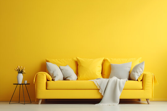 Yellow sofa with pillows and blanket against yellow wall. Minimalist home interior design