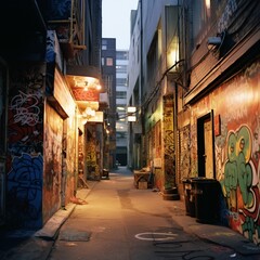 Fototapeta premium An alleyway illuminated by neon signs, graffiti-covered walls, bustling with nightlife