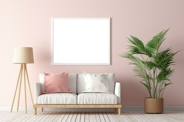 Interior mockup frame in pastel room with rattan furniture, coastal style. 3D rendering. Generative AI
