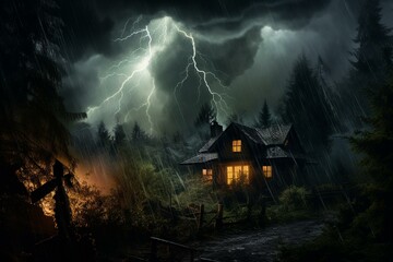 A house in the forest faces a violent storm. Generative AI