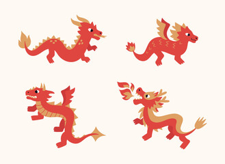 Set of Chinese dragons in flat style. Fantasy animals isolated on beige background. Vector oriental illustration with fairytale characters. New year asian symbol.