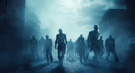 Misty night evening with the zombies walking in the abandoned city background. Dead men running dramatic Halloween scene