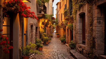 Fototapeta na wymiar Enchanting Narrow Alley in Old Town with Ivy-Covered Walls and Cobblestone Path at Dusk