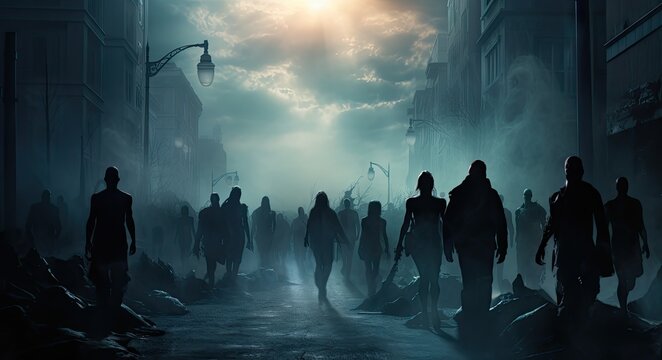 Misty night evening with the zombies walking in the abandoned city background. Dead men running dramatic Halloween scene