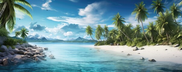 Fototapeta na wymiar Tropical beach paradise photo realistic illustration - Generative AI.